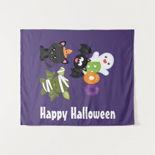 Cute Halloween Cat, Bat, Mummy & Ghost Wandkleed (Voorkant (horizontaal))