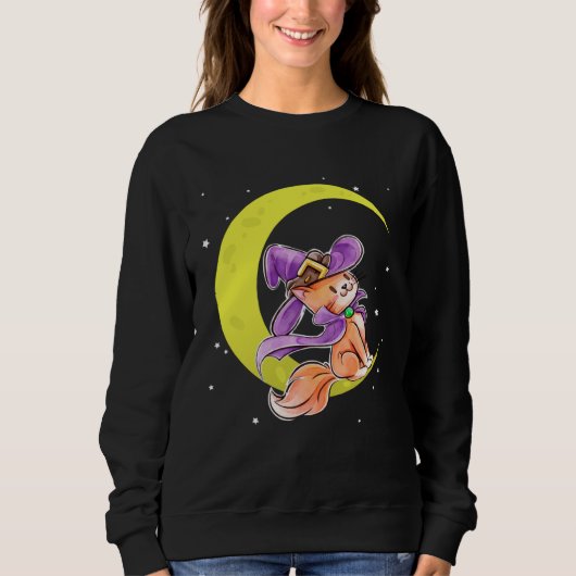 Cute Halloween Cat Costume Witch Hat and Moon Trui (Voorkant)