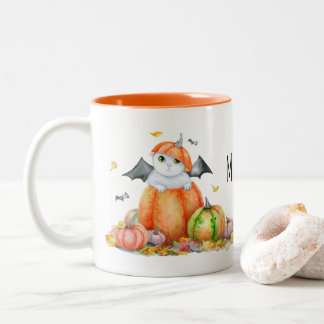 Cute Halloween Cat in Pumpkin Tweekleurige Koffiemok