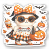 Cute Halloween Cat � Kawaii Witch Kitty with Pumpk Sticker (Voorkant)