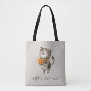 Cute Halloween Cat met pompoen   Canvas tas