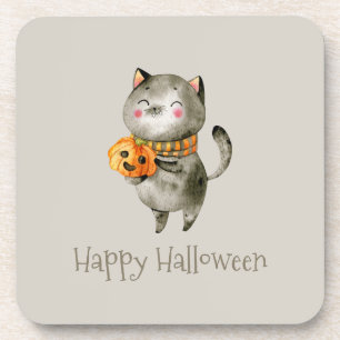 Cute Halloween Cat met pompoen   Onderzetter
