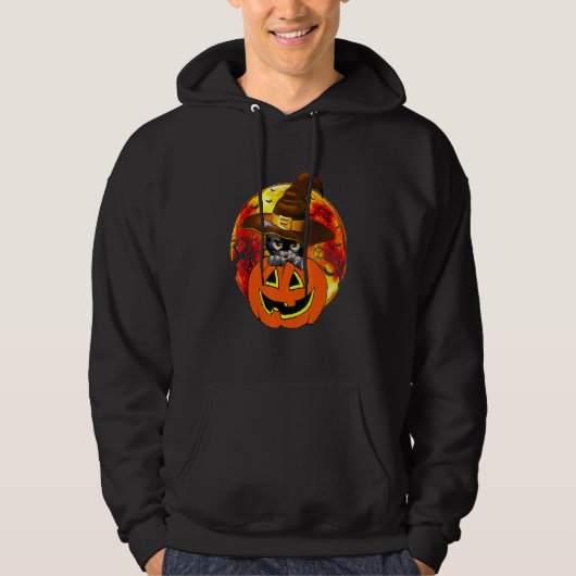 Cute Halloween Cat Witch Hat Pumpkin Scary Pet Moo Hoodie (Voorkant)