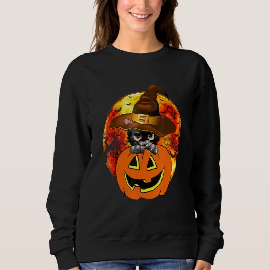 Cute Halloween Cat Witch Hat Pumpkin Scary Pet Moo Trui (Voorkant)