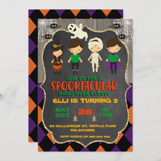 Cute Halloween Chalkboard Birthday Invitation Kaart (Voorkant / Achterkant)