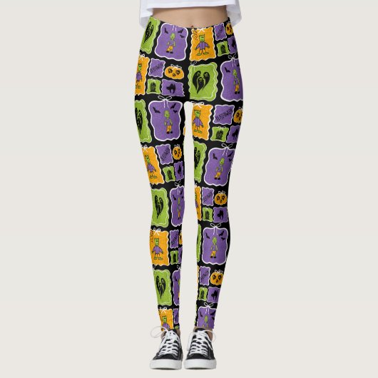 Cute Halloween Characters Frankensteins & Zombies Leggings (Voorkant)