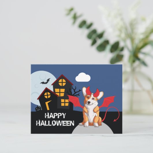 Cute Halloween Corgi Devil Costume Haunted House Briefkaart (Staand voorkant)