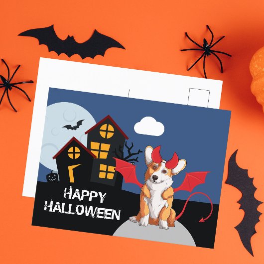 Cute Halloween Corgi Devil Costume Haunted House Briefkaart