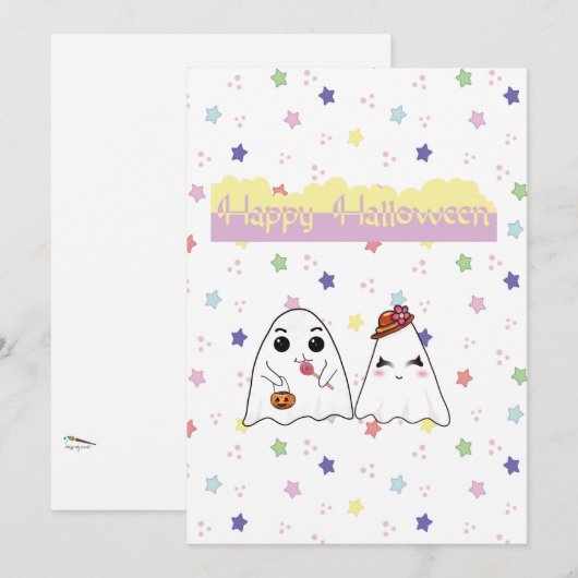 Cute Halloween Doodle Ghosts Flat Holiday Card Feestdagenkaart (Voorkant / Achterkant)