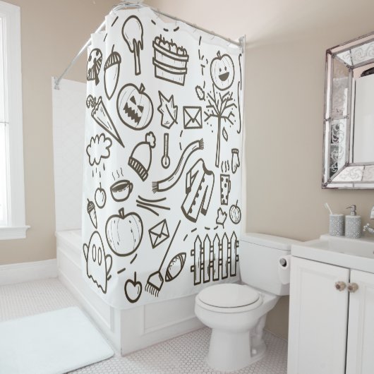 Cute Halloween Doodle Seamless Pattern, Halloween Douchegordijn (In situ)