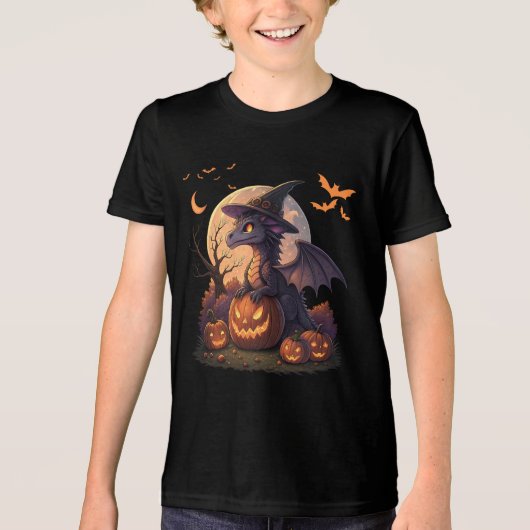 Cute Halloween Dragon Witch Hat Pumpkin Moon  Tri-Blend Shirt (Voorkant)