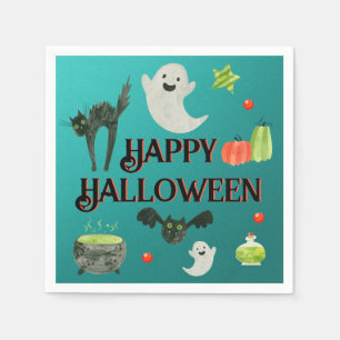 Cute Halloween-feestservetten Teal Geest Kat Servet
