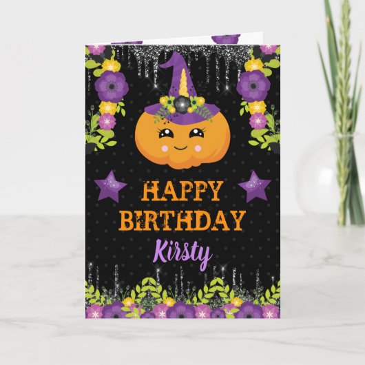 Cute Halloween Floral Pumpkin Happy Birthday Kaart (Voorkant)
