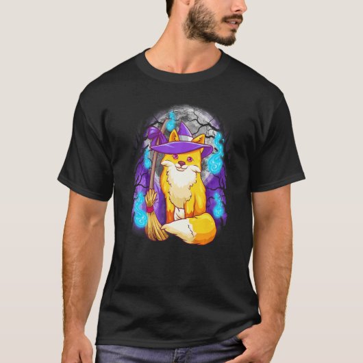 Cute Halloween Fox Witch met maan en Tree Silhou T-shirt (Voorkant)