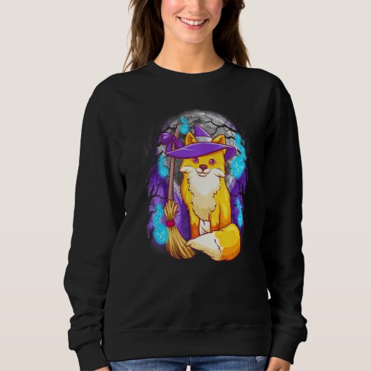 Cute Halloween Fox Witch met maan en Tree Silhou Trui (Voorkant)