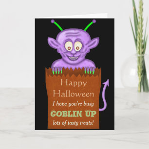 Cute Halloween Funny Paarse Goblin Cartoon Pun Kaart