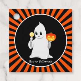 Cute Halloween geest en pompoen op zwart en oranje Bedankjes Labels
