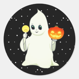 Cute Halloween Geest & Pompoen op Zwarte Klassieke Ronde Sticker