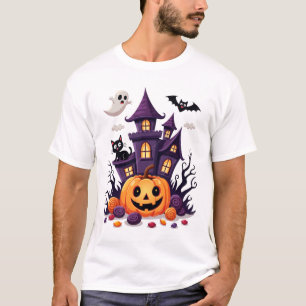 Cute Halloween Gehekst Kasteel met Pompoen & Geest T-shirt