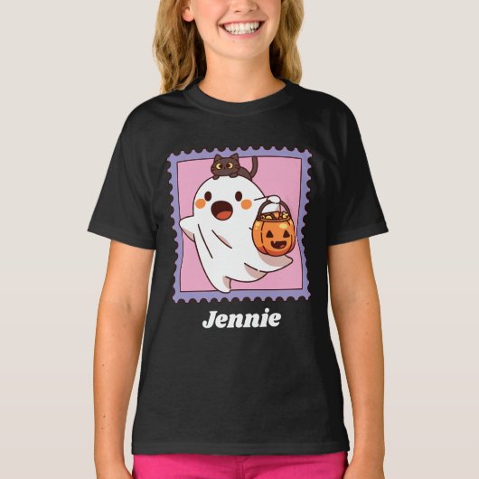 Cute Halloween Ghost Black Cat Pumpkin Add Name T-shirt (Voorkant)