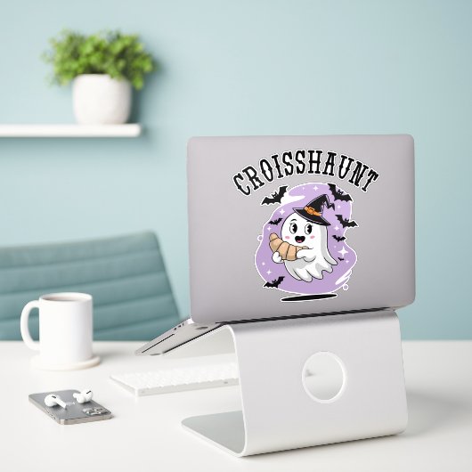 Cute Halloween Ghost Croissant Haunting Sticker (Laptop op bureau)