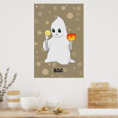 Cute Halloween Ghost en Pumpkin on Beige Poster (Keuken)