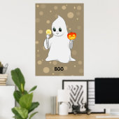 Cute Halloween Ghost en Pumpkin on Beige Poster (Thuiskantoor)
