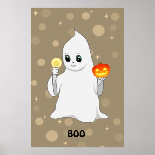 Cute Halloween Ghost en Pumpkin on Beige Poster (Voorkant)