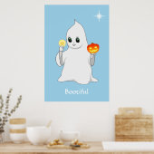 Cute Halloween Ghost en Pumpkin on Light Blue Poster (Keuken)