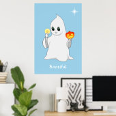 Cute Halloween Ghost en Pumpkin on Light Blue Poster (Thuiskantoor)
