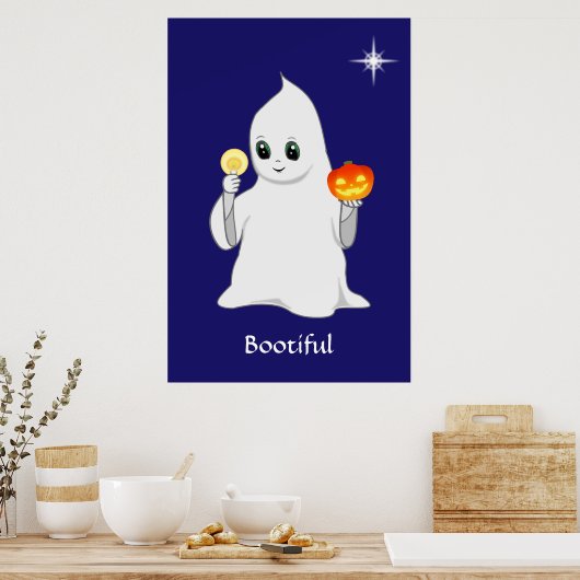 Cute Halloween Ghost en Pumpkin op Navy Blue Poster (Keuken)