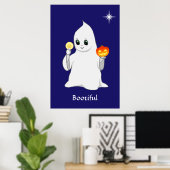Cute Halloween Ghost en Pumpkin op Navy Blue Poster (Thuiskantoor)