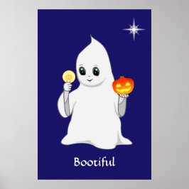 Cute Halloween Ghost en Pumpkin op Navy Blue Poster