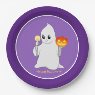 Cute Halloween Ghost en Pumpkin op Paars Papieren Bordje
