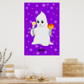 Cute Halloween Ghost en Pumpkin op Paars Poster (Keuken)