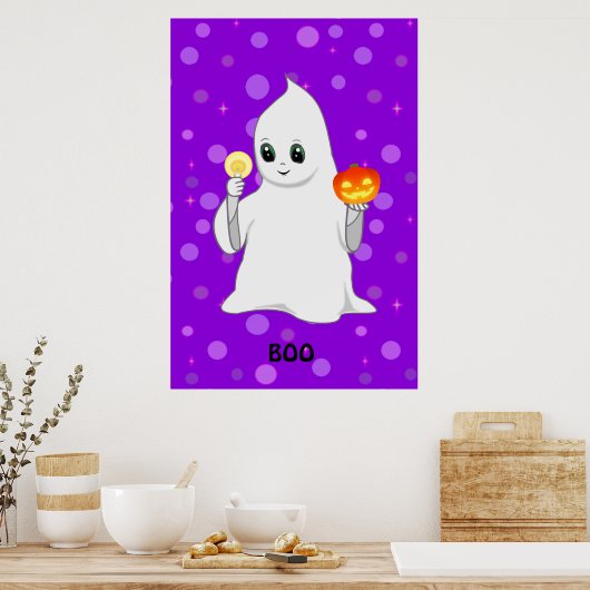 Cute Halloween Ghost en Pumpkin op Paars Poster (Keuken)