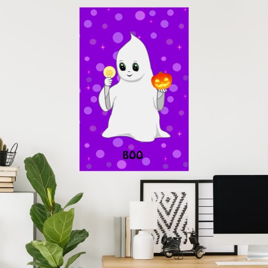 Cute Halloween Ghost en Pumpkin op Paars Poster (Thuiskantoor)