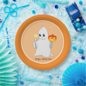 Cute Halloween Ghost en Pumpkin op Sinaasappel Papieren Bordje (Feest)