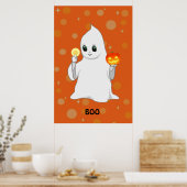 Cute Halloween Ghost en Pumpkin op Sinaasappel Poster (Keuken)