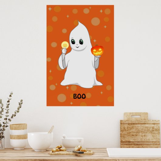 Cute Halloween Ghost en Pumpkin op Sinaasappel Poster (Keuken)