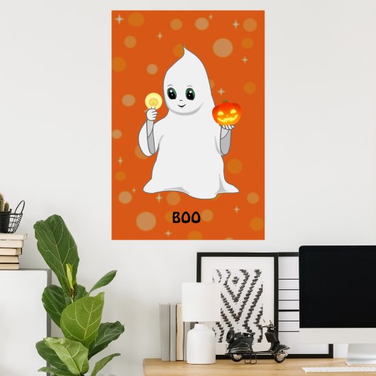 Cute Halloween Ghost en Pumpkin op Sinaasappel Poster (Thuiskantoor)