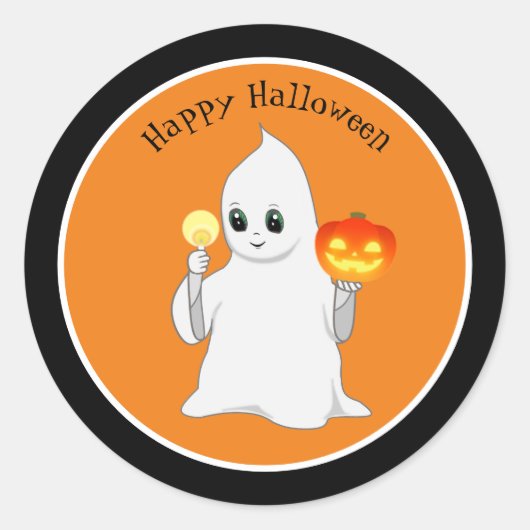 Cute Halloween Ghost en Pumpkin op Sinaasappel Ronde Sticker (Voorkant)