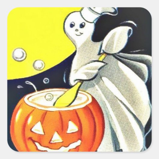 Cute  Halloween Ghost met pompoen Vierkante Sticker (Voorkant)