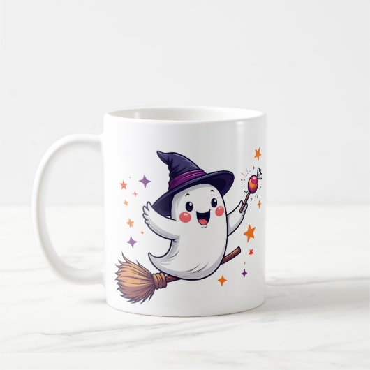 Cute halloween ghost on broomstick mug koffiemok (Links)