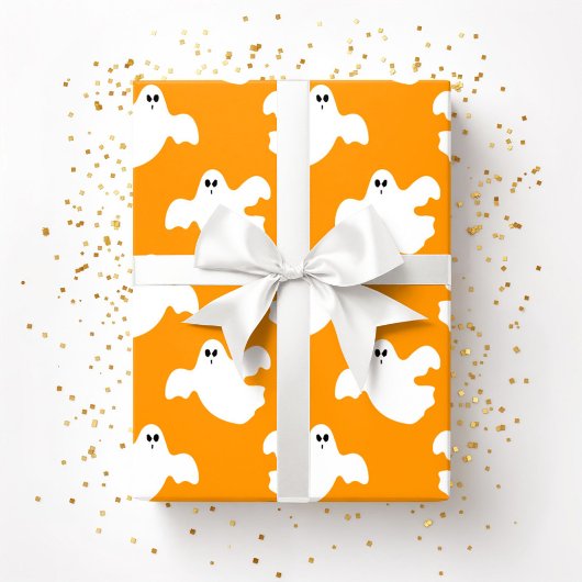 Cute Halloween Ghost Patter Oranje Cadeaupapier