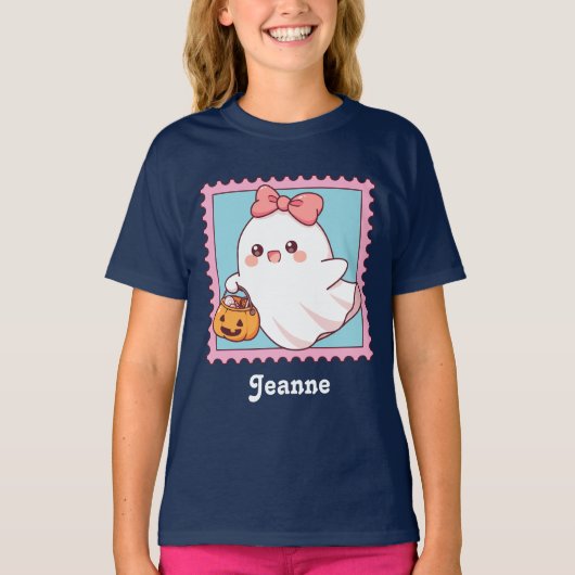 Cute Halloween Ghost Pink Coquette Bow Kids T-shirt (Voorkant)