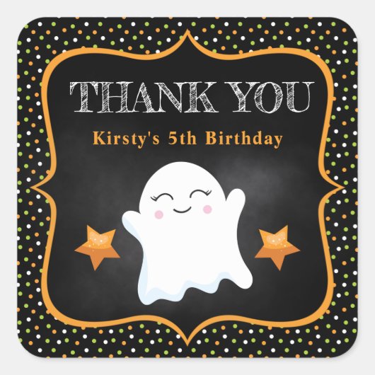 Cute Halloween Ghost & Polka Dots Birthday Vierkante Sticker (Voorkant)