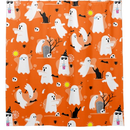 cute halloween ghosts black cat orange douchegordijn (Voorkant)