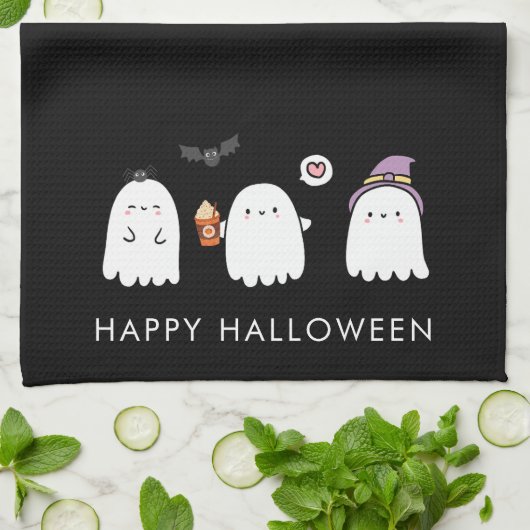 Cute Halloween Ghosts Black Theedoek (Gevouwen)