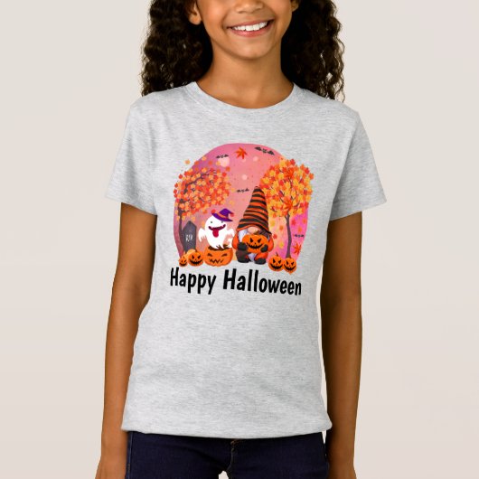 Cute Halloween Gnome and Ghost with Text Girl's T-shirt (Voorkant)